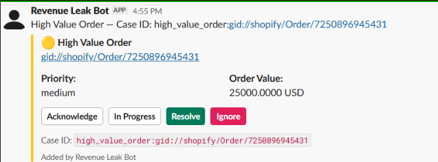 Shopify Revenue Leak System — High Value Order Slack alert card